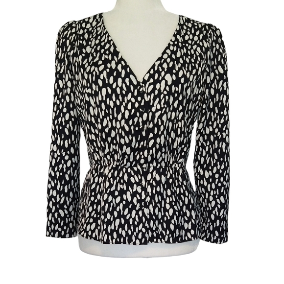 J. Crew Long-sleeve Peplum Top Printed Satin-Crepe Black White Abstract K4111 - Picture 1 of 10